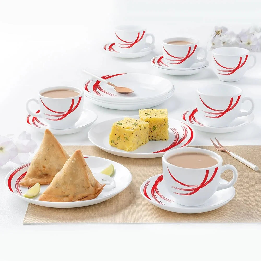 Larah by Borosil Red Stella Snack Set w Cups n Saucer 18 pcs