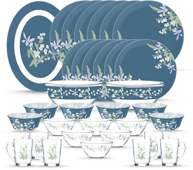 LUMINARC Pack of 33pcs sodalime Glass Made in United Arab Emirates(UAE) French Style Design Dinner Set Blue
