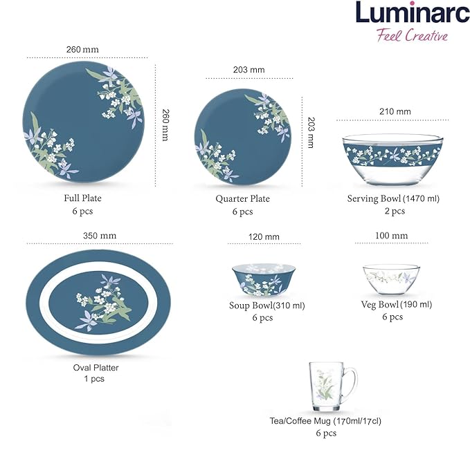 LUMINARC Pack of 33pcs sodalime Glass Made in United Arab Emirates(UAE) French Style Design Dinner Set Blue