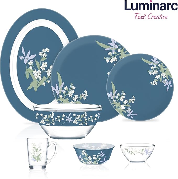 LUMINARC Pack of 33pcs sodalime Glass Made in United Arab Emirates(UAE) French Style Design Dinner Set Blue