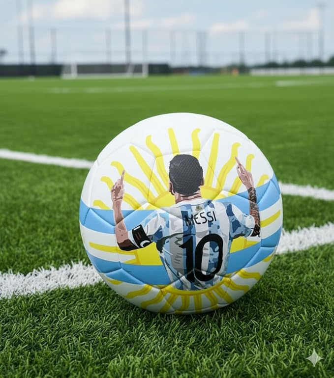 Littla Argentina Soccer Ball, Professional Football with Dynamic Messi Sun Ray Design, Blue and Yellow Color Pattern, Sports Training Equipment to Play on Both Natural and Artificial Grass Size - 5