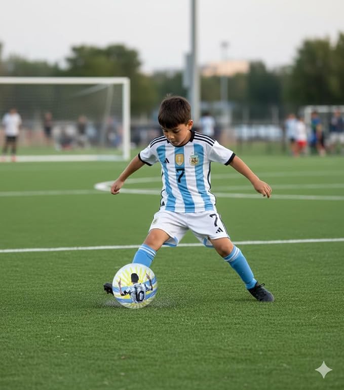Littla Argentina Soccer Ball, Professional Football with Dynamic Messi Sun Ray Design, Blue and Yellow Color Pattern, Sports Training Equipment to Play on Both Natural and Artificial Grass Size - 5