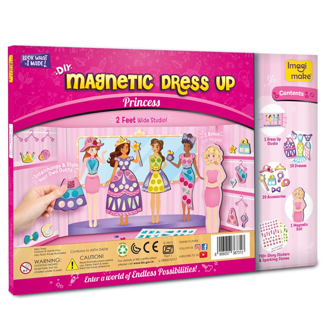 Imagimake DIY Magnetic Dress-Up Princess |Pretend Play Toys for Girls | 30 Magnetic Dresses & Accessories | Interchange & Create Unlimited Outfits | Birthday Gift for Girls Ages 3,4,5,6,7,Multicolour