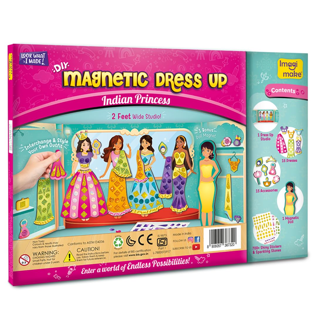 Imagimake DIY Magnetic Dress-Up Indian Princess |Pretend Play Toys for Girls|30 Magnetic Dresses & Accessories|Interchange & Create Unlimited Outfits|Birthday Gift for Girls Ages 3,4,5,6,7,Multicolour