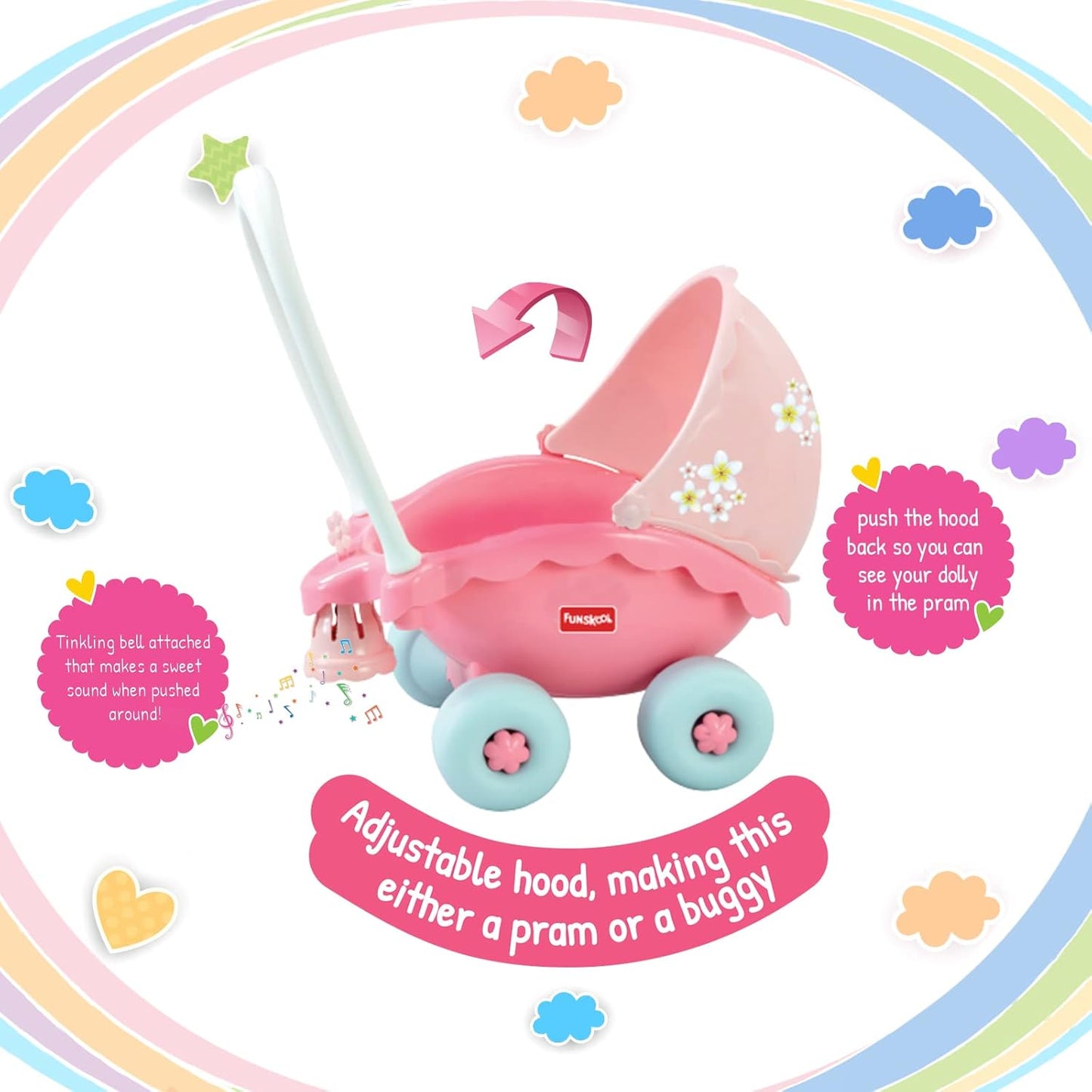 Giggles Funskool My Little Buggy, Adorable Pink Push & Drive Activity & Learning Toys for Babies, Toddlers, for Baby Girls, Encourage Walking, Improve Balance, Gift Set for Kids, Ages 18+ Months