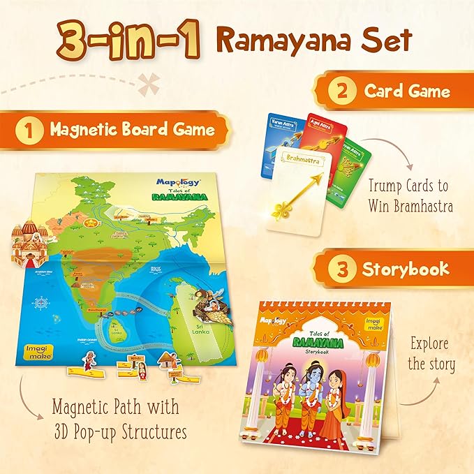 Imagimake Mapology Tales of Ramayana | 3-in-1 Fun Family Board Game | Magnetic Path Puzzle | Ramayana Storybook | Trump Cards| Gifts for Kids Age 8,9,10,11,12
