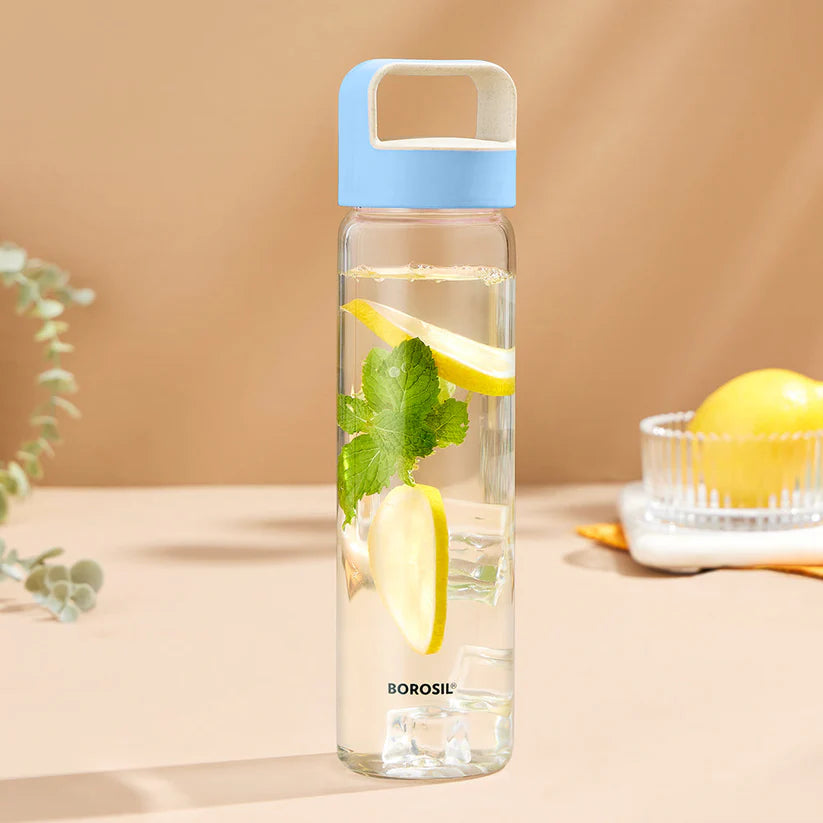 Borosil 550ml Neo Water Bottle Set with Lid | Borosilicate Glass Wide Mouth Bottle for Fridge | Extreme Temperature Resistant For Hot & Cold Water, Milk, Lassi, Juice