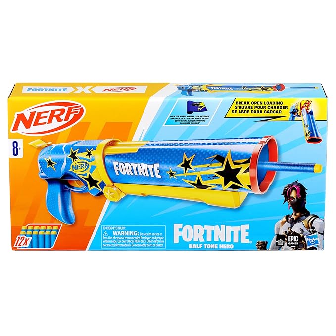 Nerf Fortnite Half Tone Hero Blaster, Bonus Code to Unlock Half Tone Hero Wrap in The Game, Break Open Loading, 12 Nerf Elite Darts, Fortnite Gifts