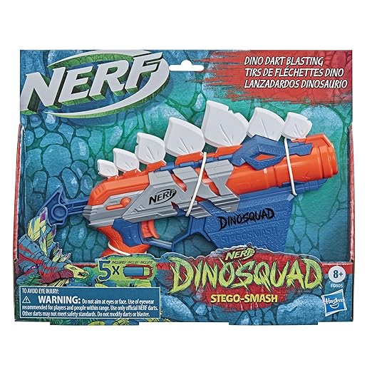 Nerf DinoSquad Stegosmash Dart Blaster, 4-Dart Storage, Pull-Back Priming Handle, 5 Official Darts, Dinosaur Design, Toys for Kids, Teens & Adults, Outdoor Toys for Boys and Girls Ages 8+