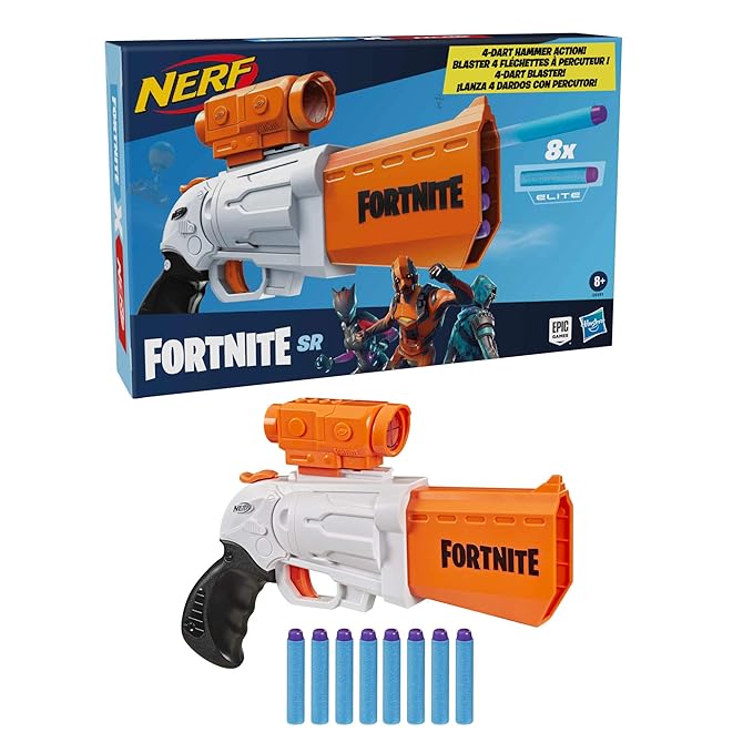 NERF Fortnite Sr Blaster, 4-Dart Hammer Action, Includes Removable Scope and 8 Elite Darts, for Youth, Teens, Adults, Multicolor