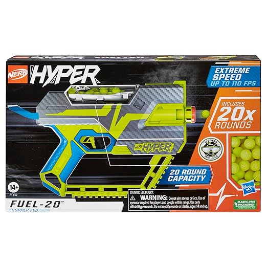 Nerf Hyper Fuel-20 Blaster, 20 Nerf Hyper Rounds, Up to 110 Fps Velocity, Hopper Fed, 20-Round Capacity, Easy Reload, Eyewear Included,Multicolor