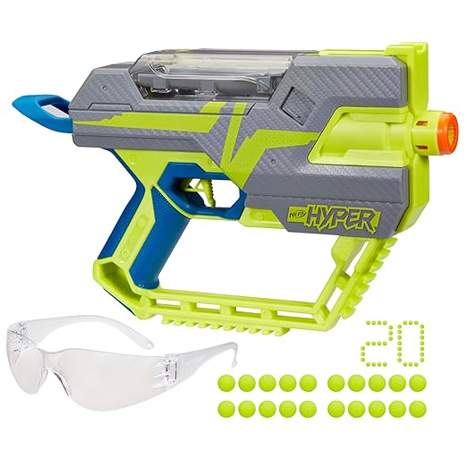 Nerf Hyper Fuel-20 Blaster, 20 Nerf Hyper Rounds, Up to 110 Fps Velocity, Hopper Fed, 20-Round Capacity, Easy Reload, Eyewear Included,Multicolor