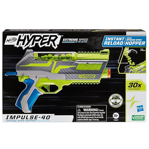 Nerf Hyper Impulse-40 Blaster, Spring-Open Instant Reload Hopper, Up to 110 FPS Velocity, 30 Nerf Hyper Rounds, Eyewear Included