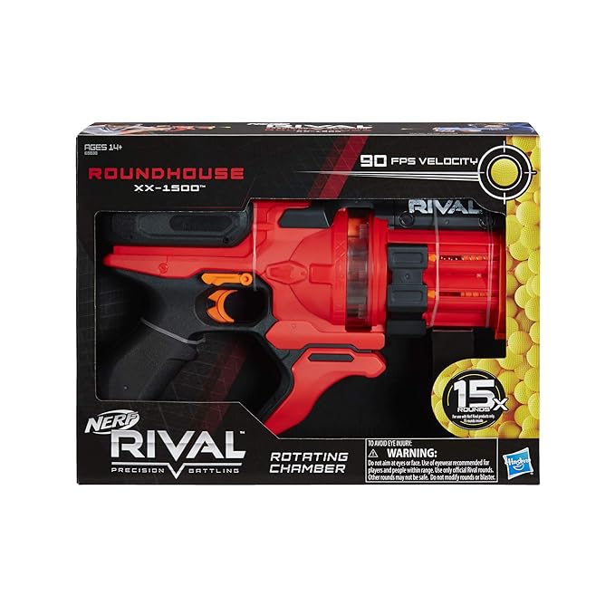 Nerf Rival Roundhouse XX-1500 Red Blaster,Clear Rotating Chamber Loads Rounds into Barrel,5 Integrated Magazines, 15 Nerf Rival Rounds