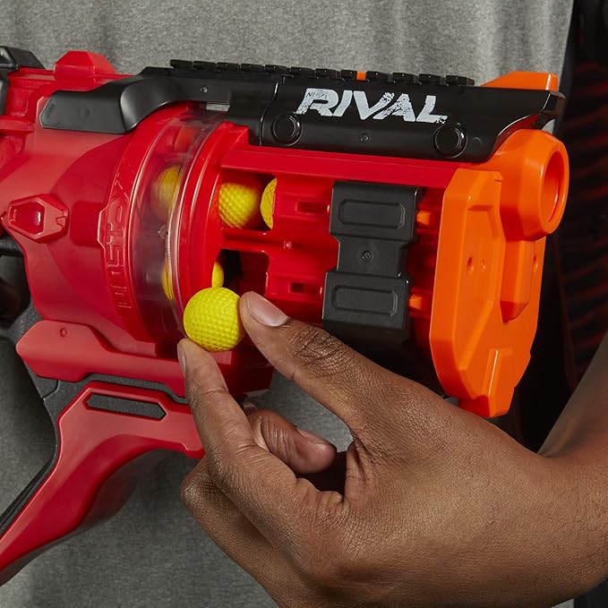 Nerf Rival Roundhouse XX-1500 Red Blaster,Clear Rotating Chamber Loads Rounds into Barrel,5 Integrated Magazines, 15 Nerf Rival Rounds