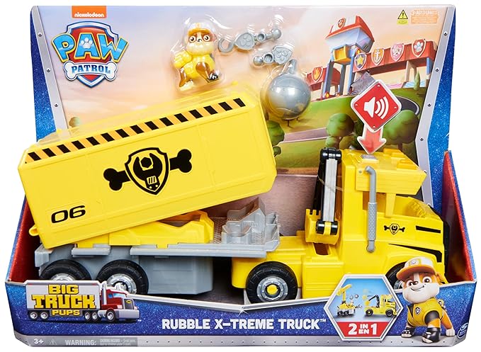 Paw Patrol Rubble Big Rig Vehicle with Collectible Action Figure|Playsets with Crane & Lights Sound Effects|Transformable Truck|Learning Education Activity Set|Birthday Gift for Kids 3+|Made in India