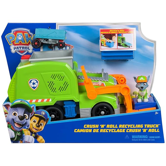Paw Patrol Rocky Deluxe Vehicle | Crush N Roll Recycling Truck with Collectible Rocky Figure | Transforming Recycling Toy Truck | Sustainable Learning & Educational Toy for Kids Ages 3+