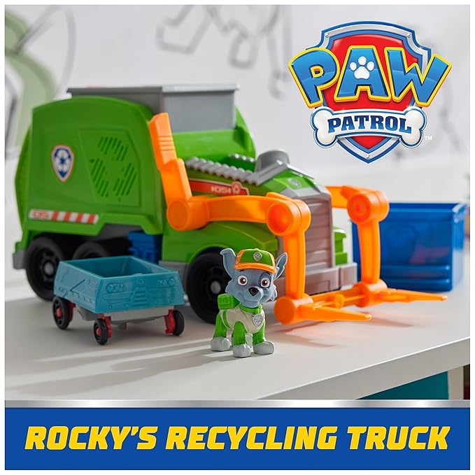 Paw Patrol Rocky Deluxe Vehicle | Crush N Roll Recycling Truck with Collectible Rocky Figure | Transforming Recycling Toy Truck | Sustainable Learning & Educational Toy for Kids Ages 3+