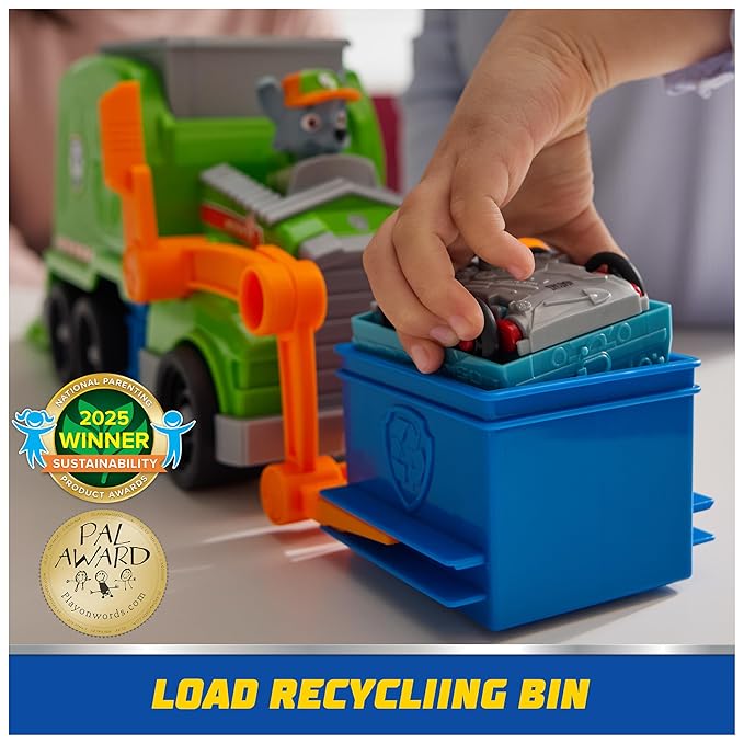 Paw Patrol Rocky Deluxe Vehicle | Crush N Roll Recycling Truck with Collectible Rocky Figure | Transforming Recycling Toy Truck | Sustainable Learning & Educational Toy for Kids Ages 3+