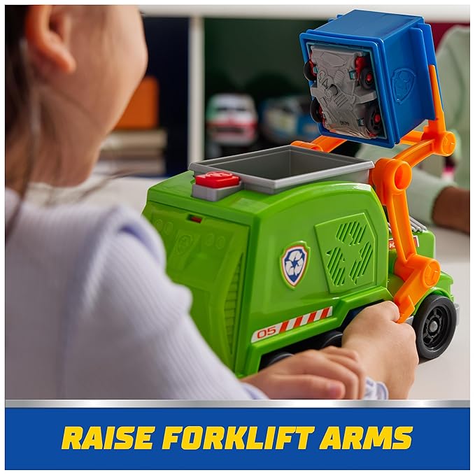 Paw Patrol Rocky Deluxe Vehicle | Crush N Roll Recycling Truck with Collectible Rocky Figure | Transforming Recycling Toy Truck | Sustainable Learning & Educational Toy for Kids Ages 3+