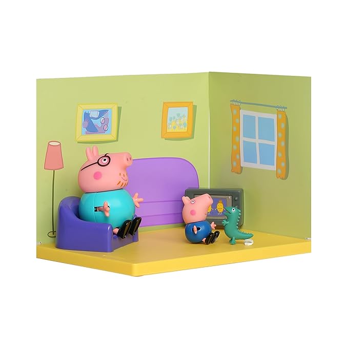 PEPPA PIG Living Room Themed Preschool Toy with Daddy Pig and George, Includes 2 Poseable Figures, Peppa's Living Room Accessories and Scene Cards Playset, Toy for Kids Ages 3+,Playsets