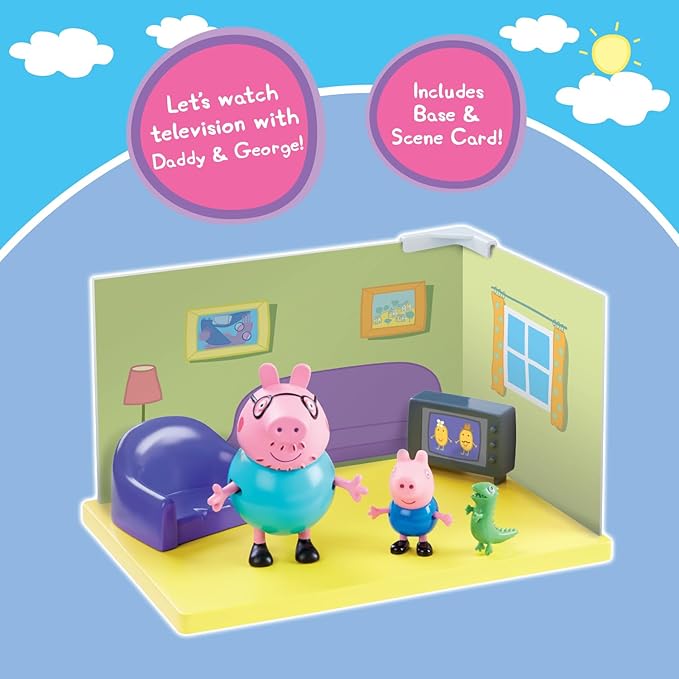PEPPA PIG Living Room Themed Preschool Toy with Daddy Pig and George, Includes 2 Poseable Figures, Peppa's Living Room Accessories and Scene Cards Playset, Toy for Kids Ages 3+,Playsets