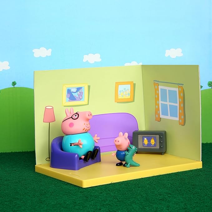 PEPPA PIG Living Room Themed Preschool Toy with Daddy Pig and George, Includes 2 Poseable Figures, Peppa's Living Room Accessories and Scene Cards Playset, Toy for Kids Ages 3+,Playsets