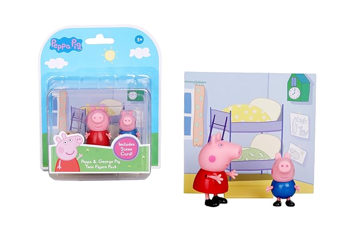 Peppa Pig and George Twin Figure Fun Pack with Two Poseable Figures and a Scene Card, Preschool Toyset for Girls and Boys Ages 3 and Up, Birthday Gift Toys for Kids
