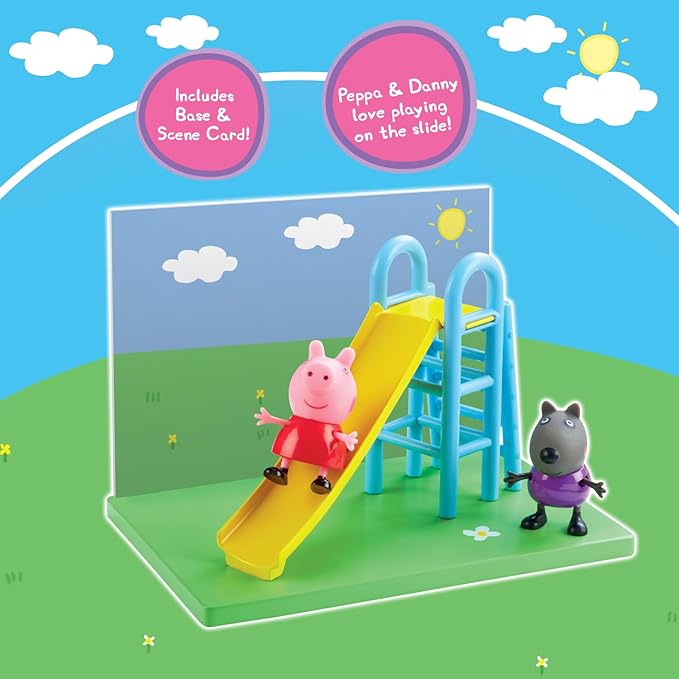 Peppa Pig Playground Slide Themed Preschool Toy and Danny Dog, Includes 2 Poseable Figures,Playset Playground Slide Accessory and Scene Cards, Toy for Girls and Boys Ages 3+