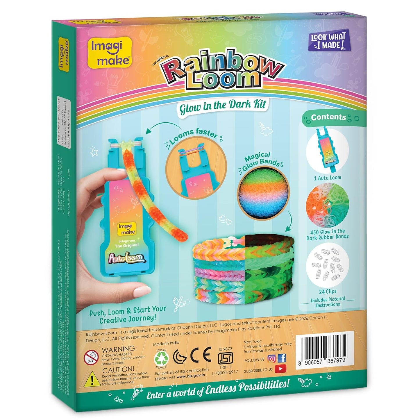Imagimake Rainbow Loom Glow in the Dark Kit | Bracelet Making kit with 450+ Bands & Clips | Auto Loom Tool |DIY Art & Craft Kit |Travel Toys | Creative Gift for Girls Age 7+