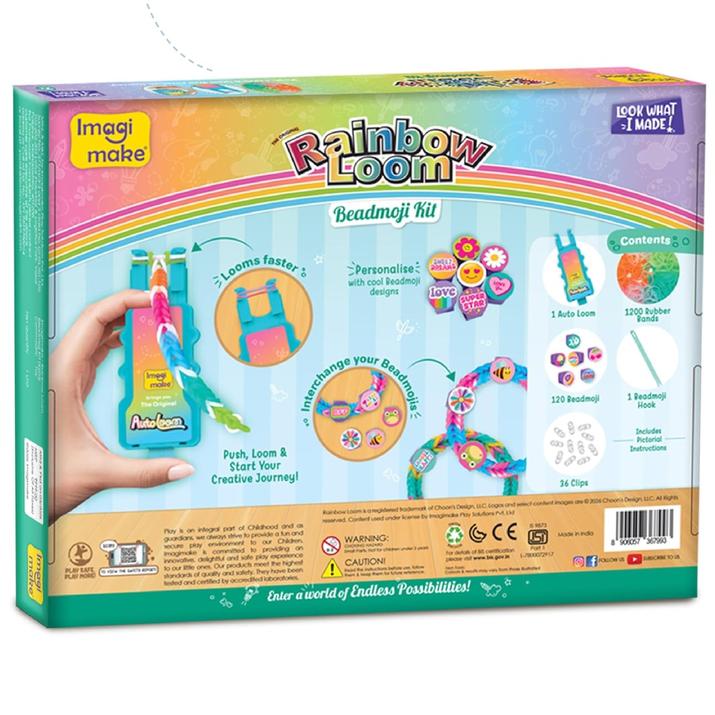 Imagimake Rainbow Loom Beadmoji Bracelet Making Kit | 1200+ Colourful Bands & Beadmoji Beads with Auto Loom Tool | DIY Art & Craft Kit | Creative Gift for Kids 7+