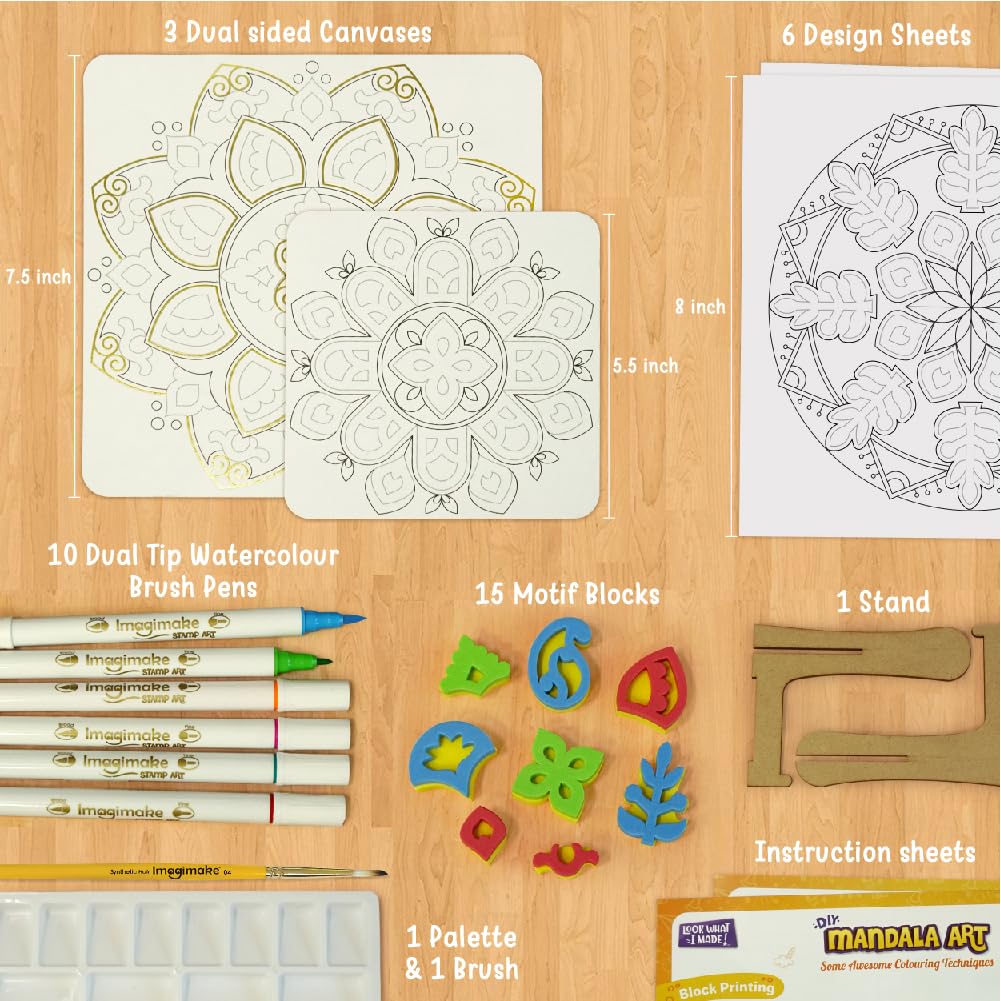 Imagimake DIY Mandala Art Kit for Girls 9-12 | Coloring & Painting Art Kit Set with Water Brush Pen & Stamps | Crafts & Gifts for Kids Age 10-12