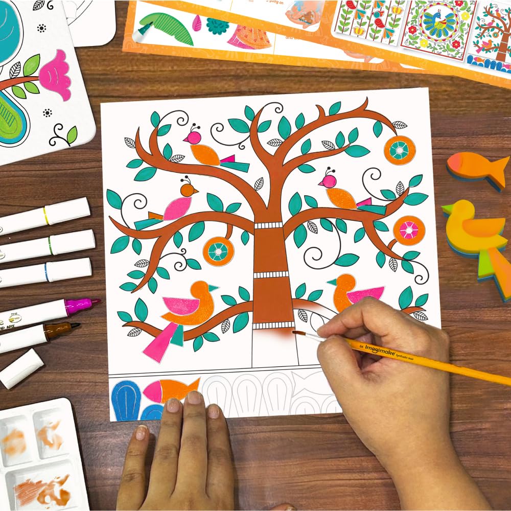 Imagimake DIY Madhubani Art Kit | Make 12 Paintings | Madhubani Painting & Colouring Kit Using Water Brush Pen & Stamps | Art & Craft Kit for Kids & Adults | Gift for Girls Age 8,9,10,11,12