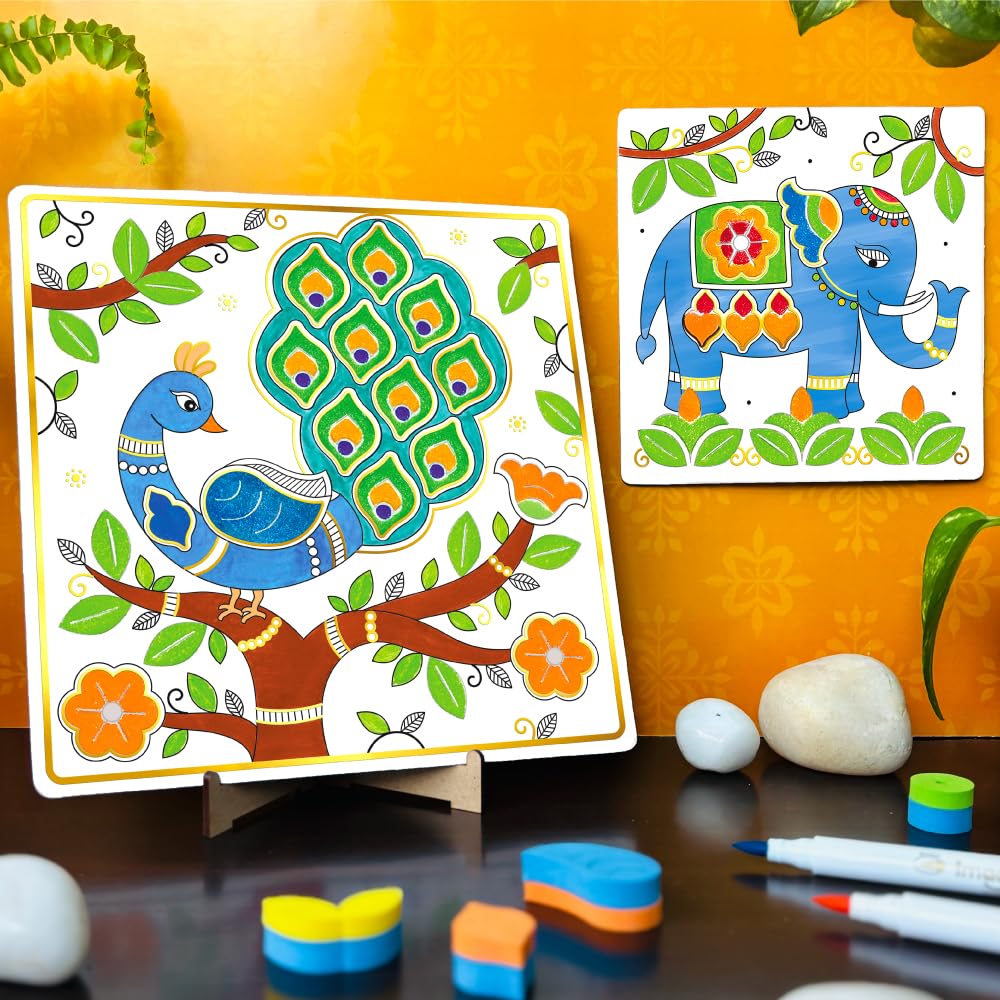 Imagimake DIY Madhubani Art Kit | Make 12 Paintings | Madhubani Painting & Colouring Kit Using Water Brush Pen & Stamps | Art & Craft Kit for Kids & Adults | Gift for Girls Age 8,9,10,11,12