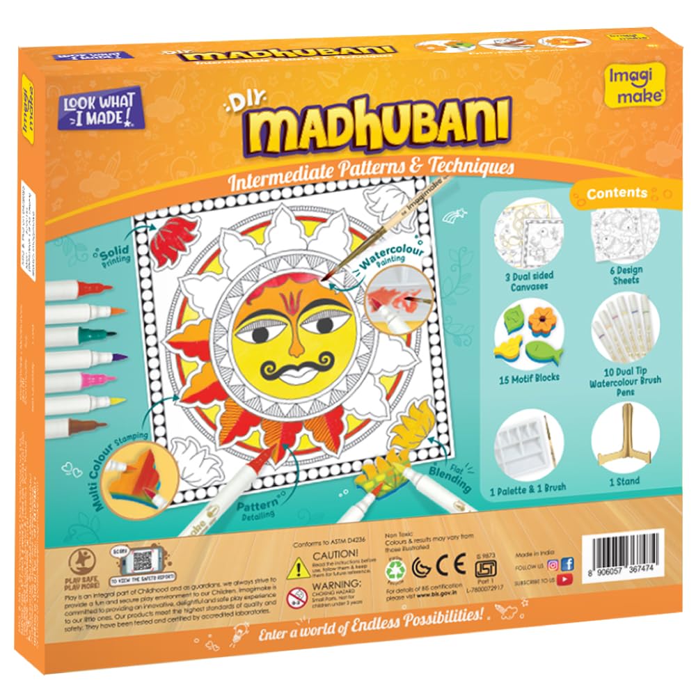 Imagimake DIY Madhubani Art Kit | Make 12 Paintings | Madhubani Painting & Colouring Kit Using Water Brush Pen & Stamps | Art & Craft Kit for Kids & Adults | Gift for Girls Age 8,9,10,11,12