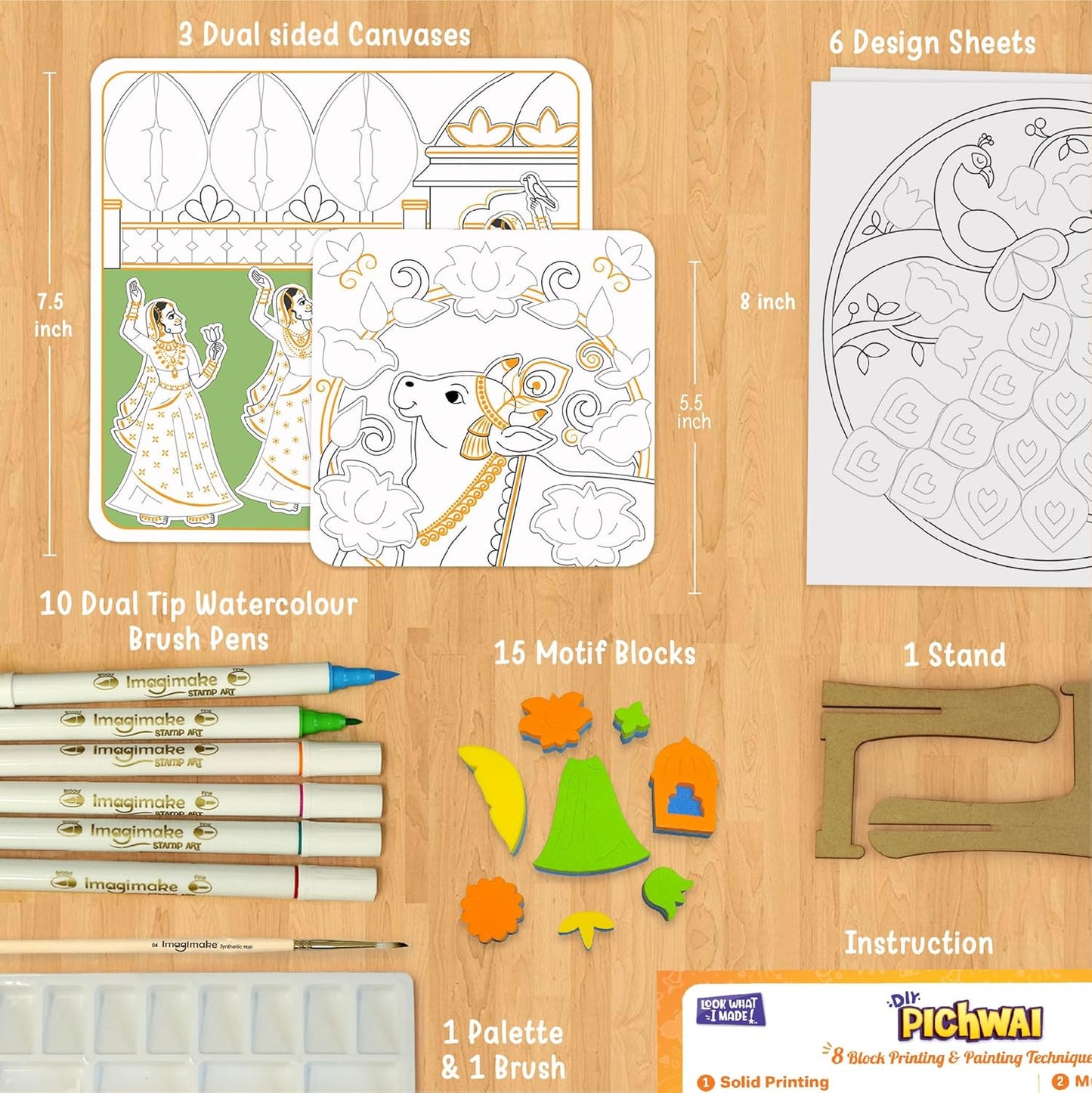 Imagimake DIY Pichwai Art Kit | Make 12 Paintings | Pichwai Painting & Colouring Kit Using Water Brush Pen & Stamps | Art & Craft Kit for Kids & Adults | Gift for Girls Age 8,9,10,11,12, Multicolour
