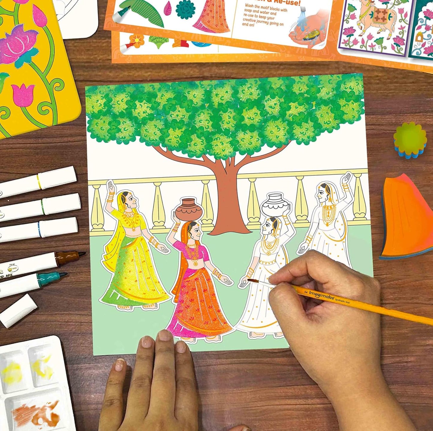 Imagimake DIY Pichwai Art Kit | Make 12 Paintings | Pichwai Painting & Colouring Kit Using Water Brush Pen & Stamps | Art & Craft Kit for Kids & Adults | Gift for Girls Age 8,9,10,11,12, Multicolour