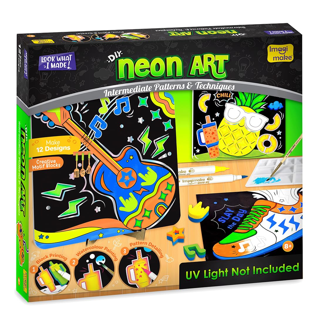 Imagimake DIY Neon Art Kit |Painting & Coloring Kit with Neon Brush Pens & Stamps| Mess Free Art & Craft kit for Kids 8-12 | Gift for Girls & Boys Ages 8,9,10,11,12 (UV Light Not Included)
