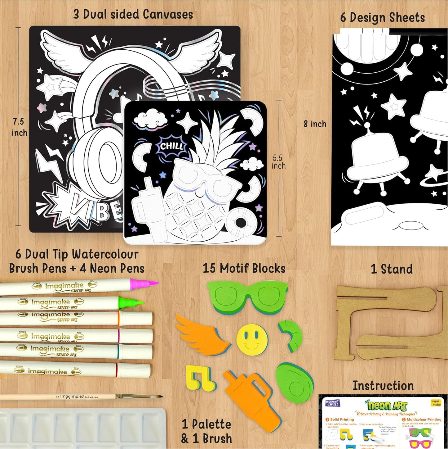 Imagimake DIY Neon Art Kit |Painting & Coloring Kit with Neon Brush Pens & Stamps| Mess Free Art & Craft kit for Kids 8-12 | Gift for Girls & Boys Ages 8,9,10,11,12 (UV Light Not Included)