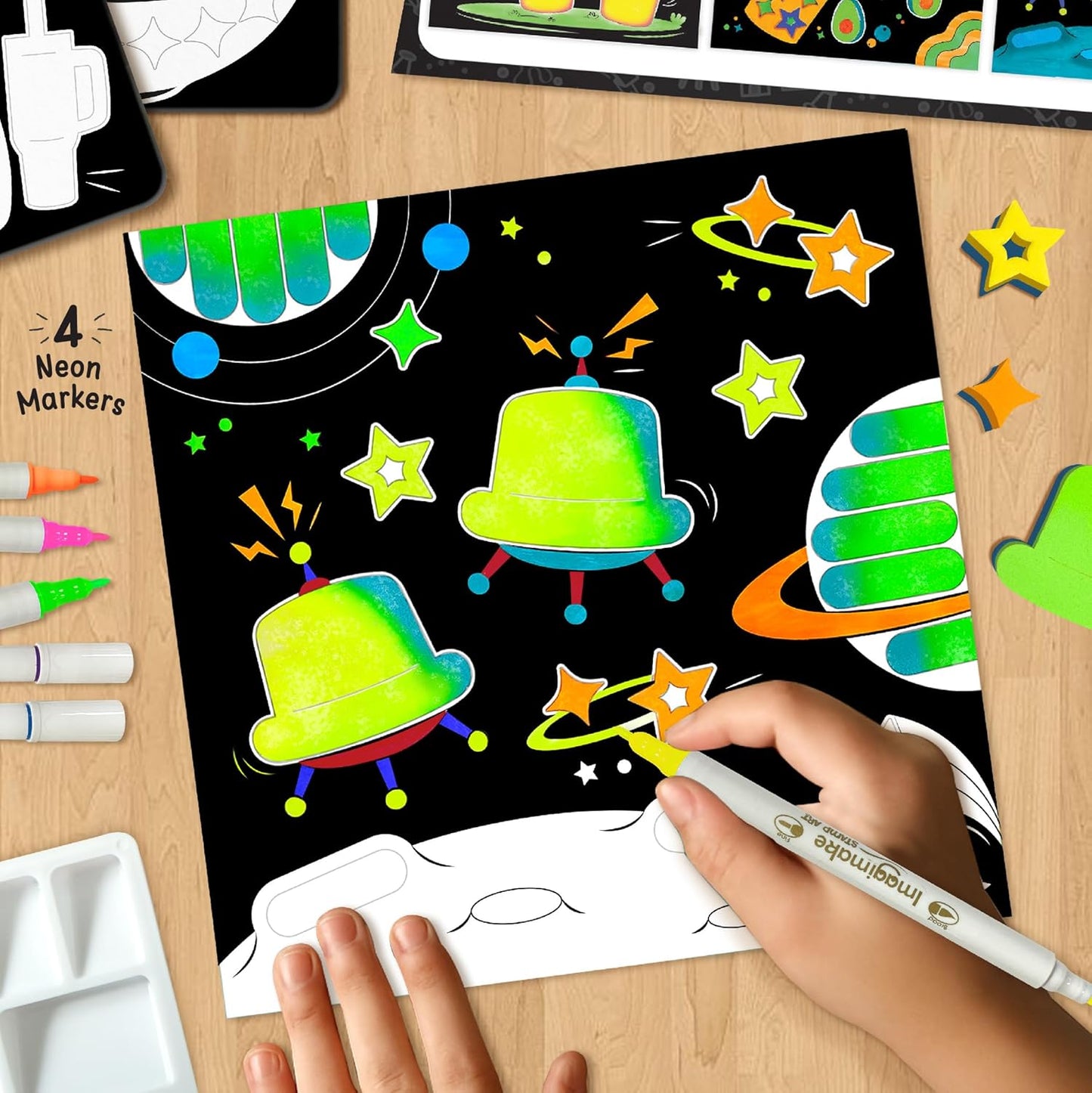 Imagimake DIY Neon Art Kit |Painting & Coloring Kit with Neon Brush Pens & Stamps| Mess Free Art & Craft kit for Kids 8-12 | Gift for Girls & Boys Ages 8,9,10,11,12 (UV Light Not Included)