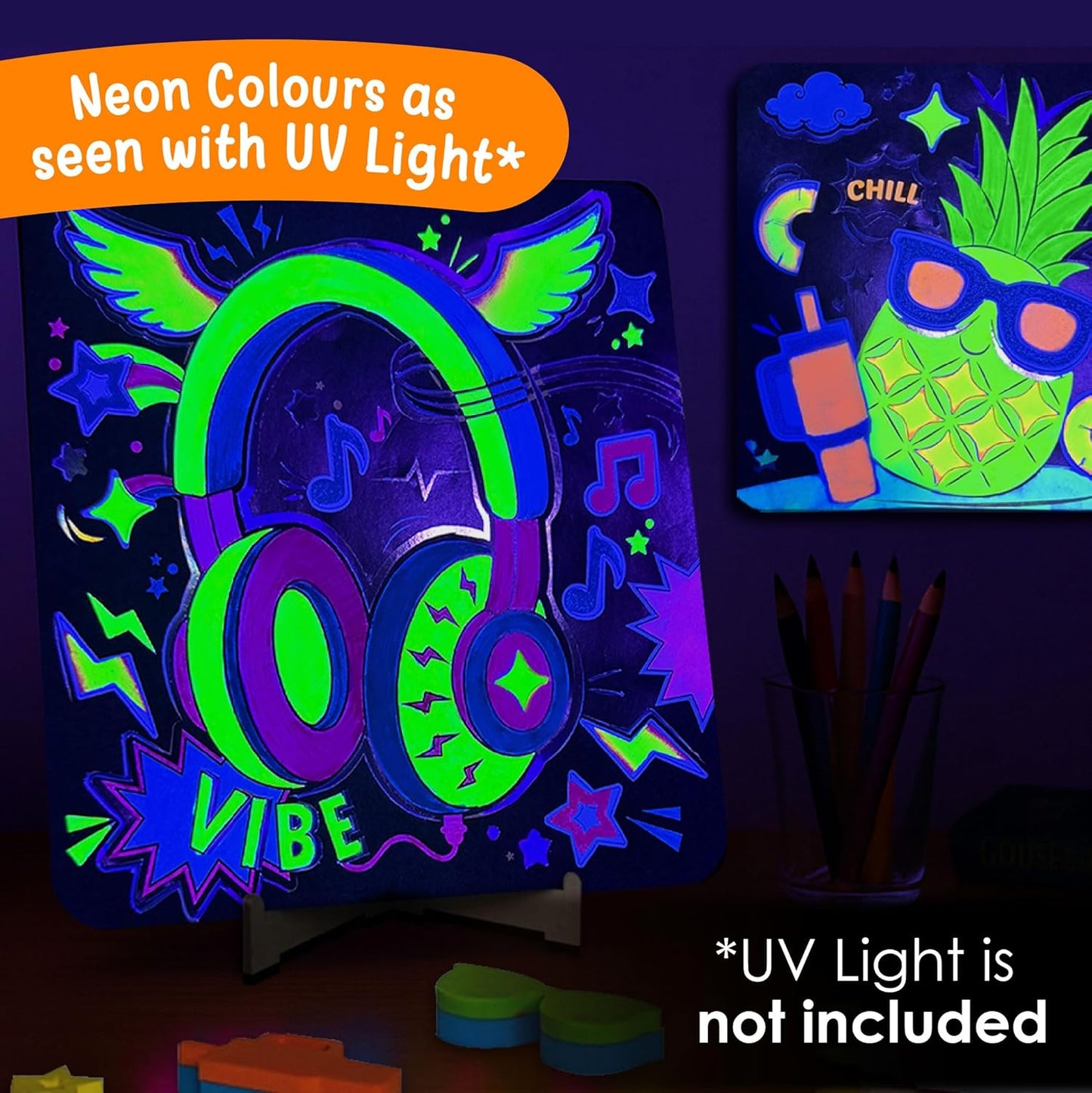 Imagimake DIY Neon Art Kit |Painting & Coloring Kit with Neon Brush Pens & Stamps| Mess Free Art & Craft kit for Kids 8-12 | Gift for Girls & Boys Ages 8,9,10,11,12 (UV Light Not Included)