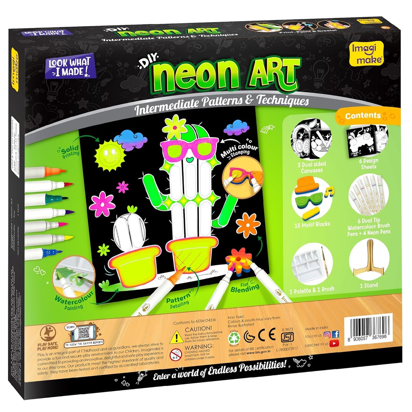 Imagimake DIY Neon Art Kit |Painting & Coloring Kit with Neon Brush Pens & Stamps| Mess Free Art & Craft kit for Kids 8-12 | Gift for Girls & Boys Ages 8,9,10,11,12 (UV Light Not Included)