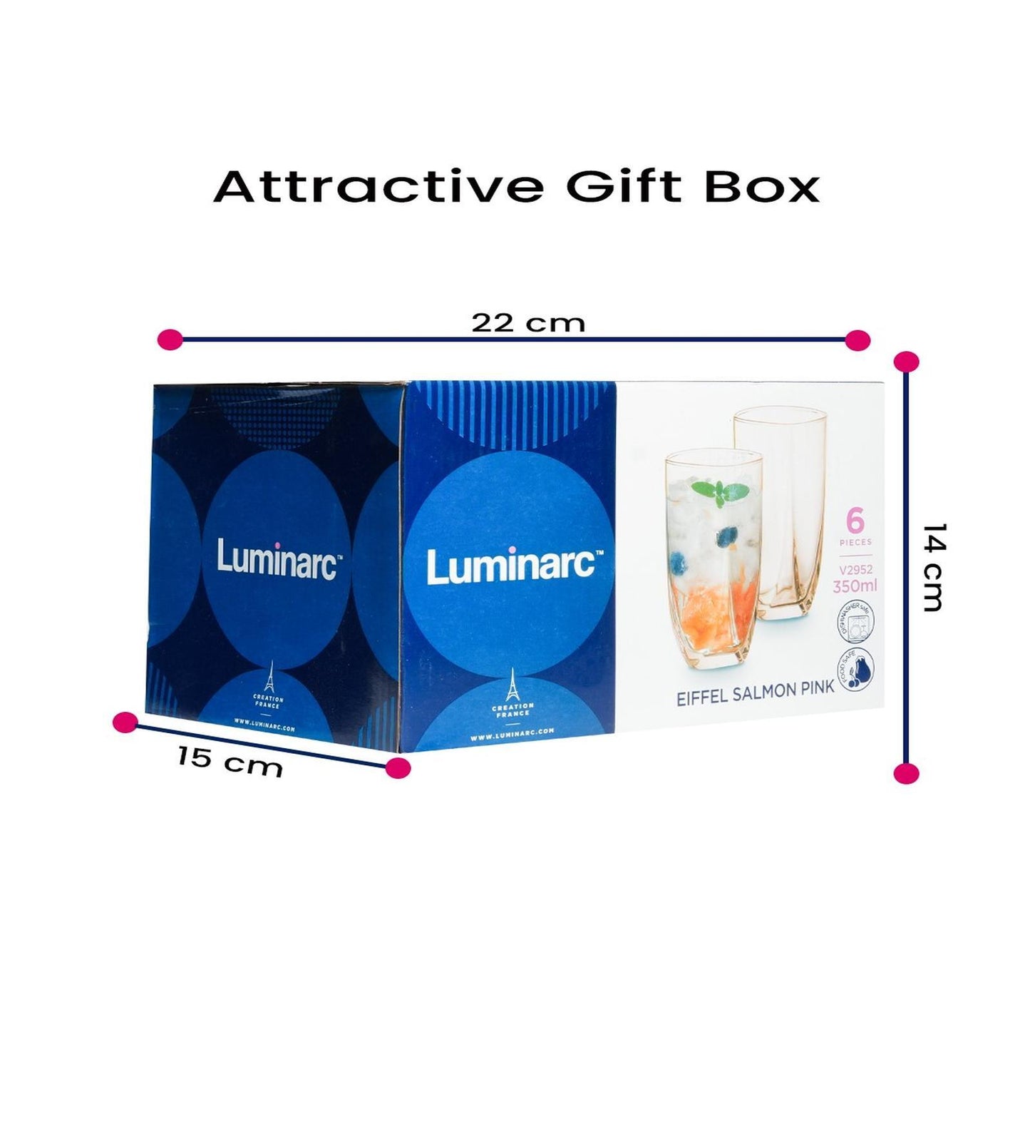 Luminarc Eiffel Salmon Pink Highball Water & Juice Glass - Set of 6 (350 ml)