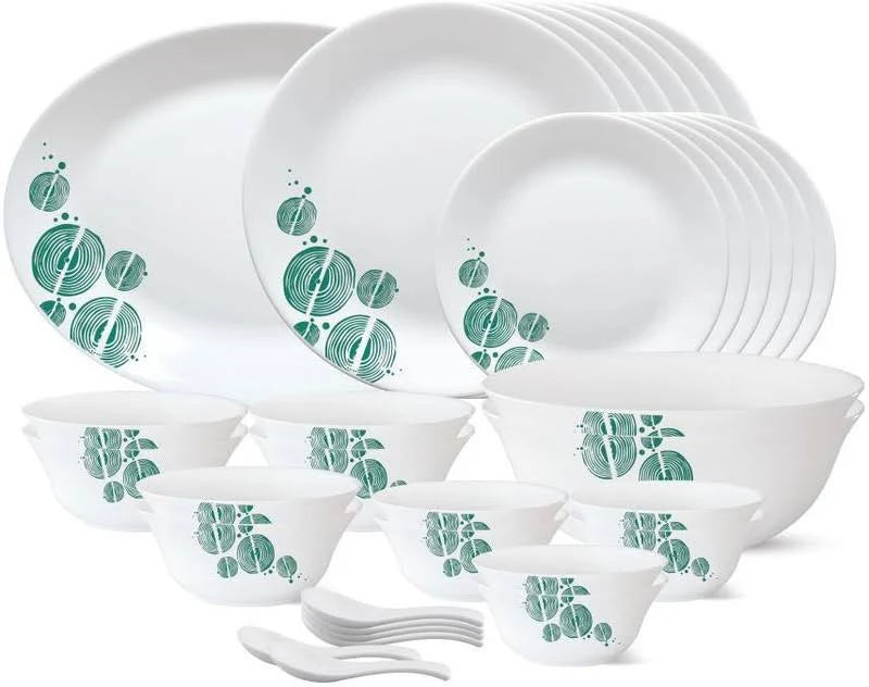 Larah by BOROSIL Tiara Series Woodstock White Abstract Opalware Microwave Safe 33 Piece Dinner Set