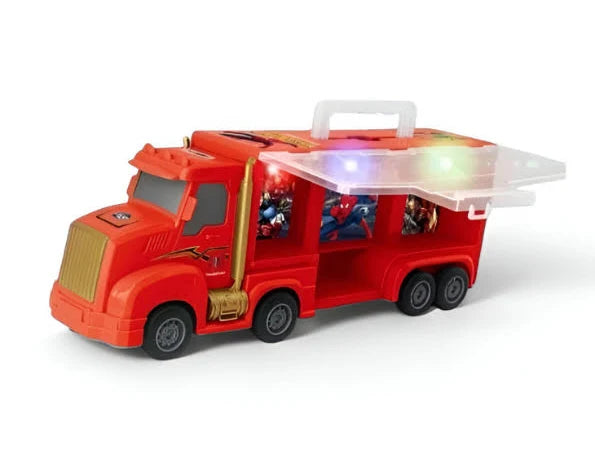 Marvel Spider-Man Carrier Truck Playset with several included racing cars & Superheroe Toy for kids Color May Vary