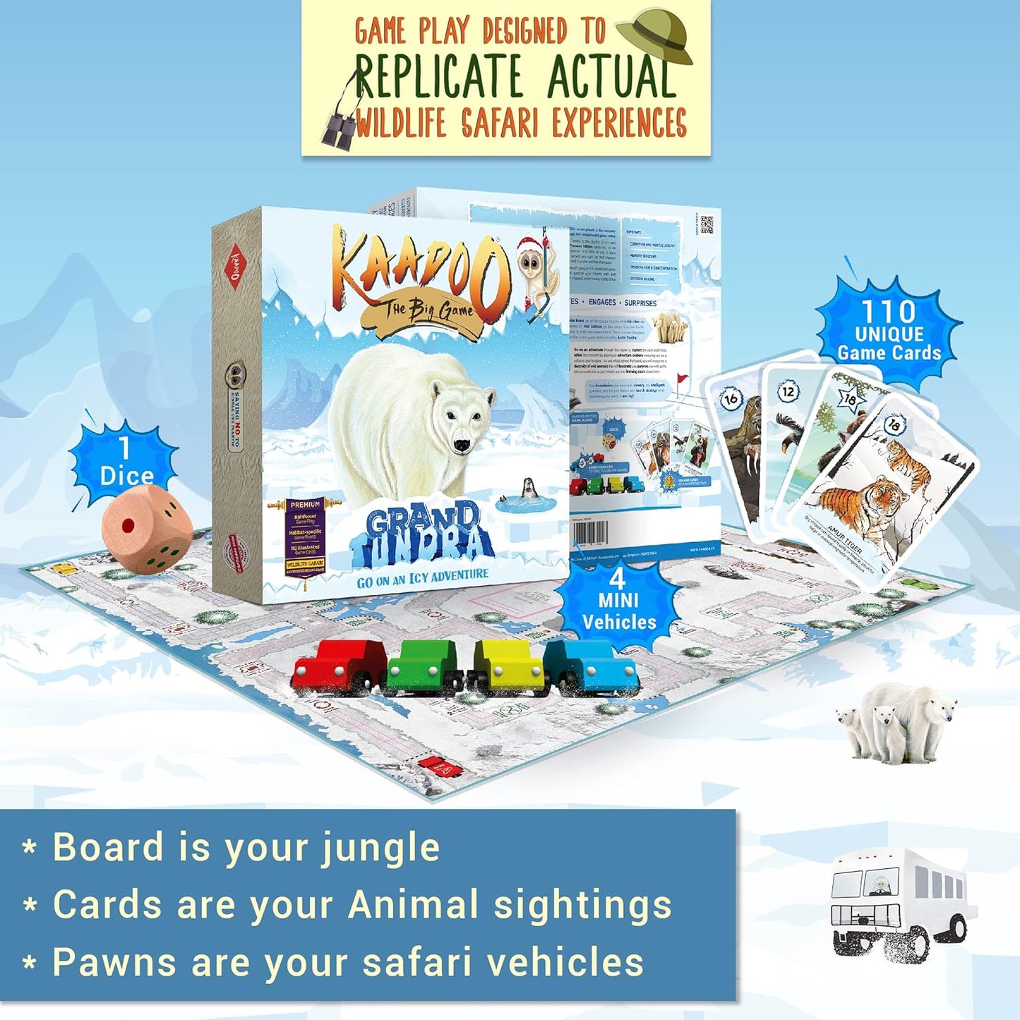 KAADOO-Premium Board Game-Grand Tundra-Journey into The ICY Arctic Circle-Educational Adventure Safari Game for Kids 6+ & Family-Made in India(2-4 Players)
