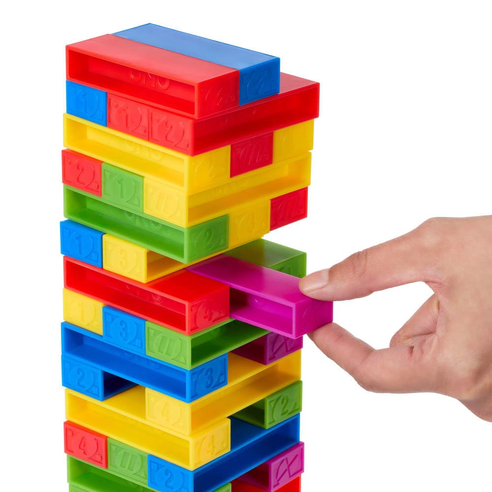 Mattel Games UNO Stacko Game for Kids & Family with 45 Colored Stacking Blocks & Loading Tray, Build & Play, Game Nights & Parties