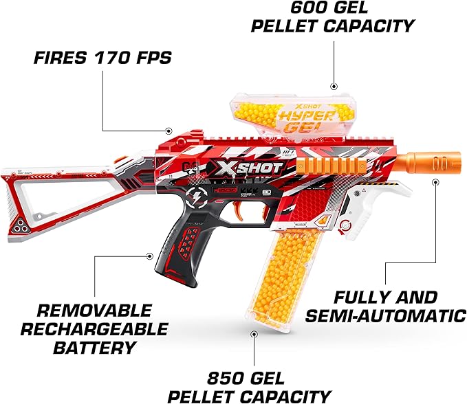 XSHOT Hyper Gel Trace Fire Blaster, Semi and Fully Automatic Gel Blaster & 10,000 Gellets, 600 Capacity Hopper & 850 Capacity Mag, Ages 14 & Up by ZURU